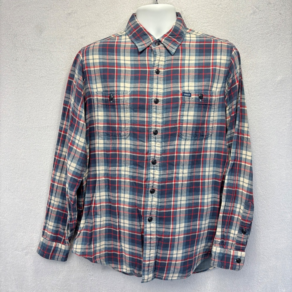 Polo Ralph Lauren Button Up Shirt Men Large Classic Fit Blue Red Plaid Cotton
